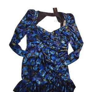 NWT Fashionnova Mini Dress Size 2XL Floral Print Royal Blue Long Sleeve Ruffled